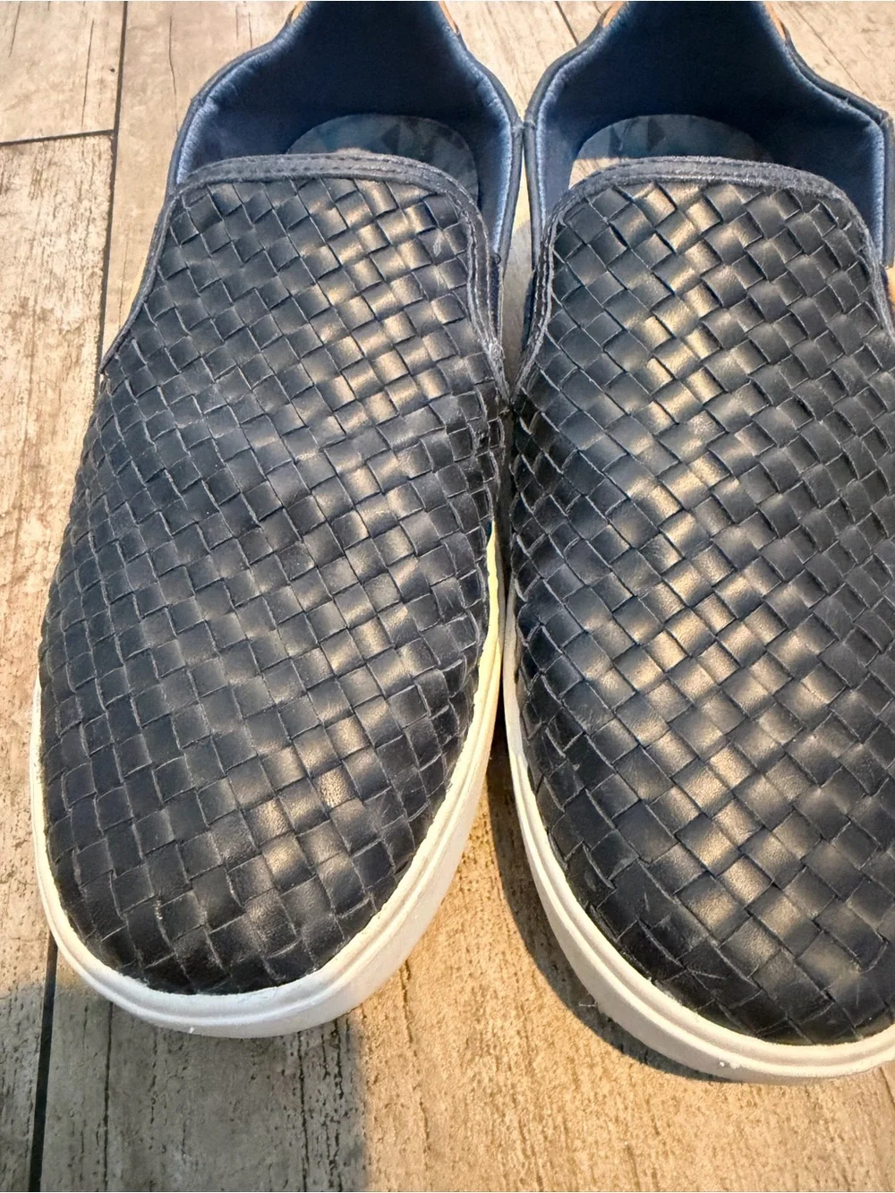 OluKai Men's Navy Woven Slip-On Loafers with Tan Accent